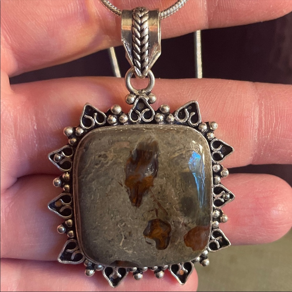 Jasper Pendant w/Silver Accents & Silver Chain